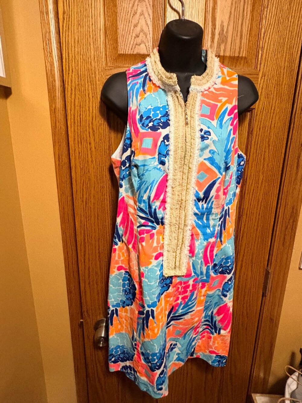 Lilly Pulitzer Dena Zip Front Shift Dress Pineapple Tropical Print Fringe Trim S